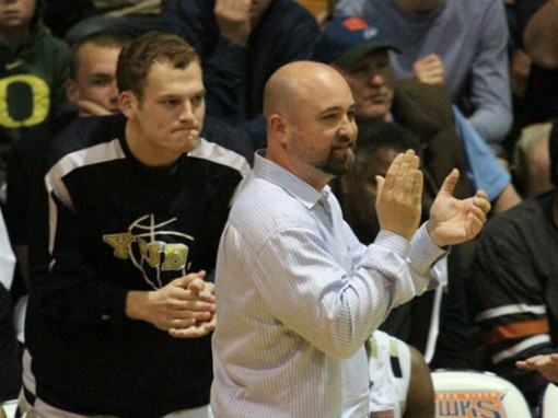 Yuba College head coach Doug Cornelius, right, and forward Jacob Courage, left, applaud the efforts of the team during the second half of their California Community College Athletic Association State Championship Semi Final game against Antelope Valley. Yuba won the game, 79-69. (Photo: Paul Hyatt | The Prospector)