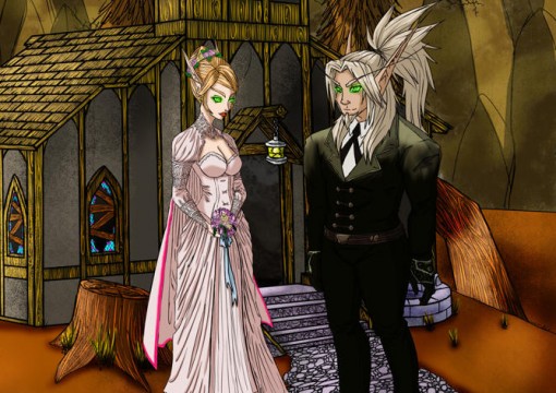 This depicts some of the good to come from gaming — the forming of new friendships, relationships, and sometimes even marriage. This sketch is based off of a screen shot of an actual WoW wedding. (Sketch: Alexa White and Danielle Mccullah)