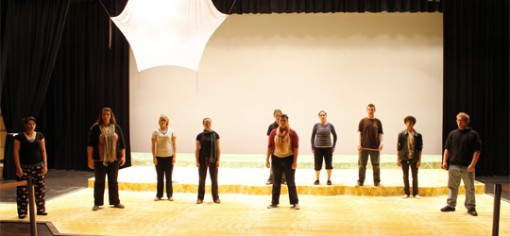 Cast members warming up their vocals before rehearsal. (Photo: Heather Meunier | The Prospector)