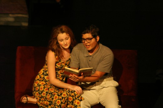 Lucentio, (José Pequeño) tutors the art of literature to the desirable and sweet Bianace (Laura Dunham), foil and sister to the shrew.