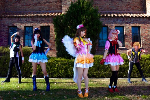 The IchiGoGo! Twins and Shiawase Cosplay posing as Hiroomi Nase, Akihito Kanbara, Mirai Kirayama and Ai Shindou from Kyoukai no Kanata