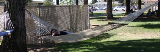 Student relaxing on a hammock.