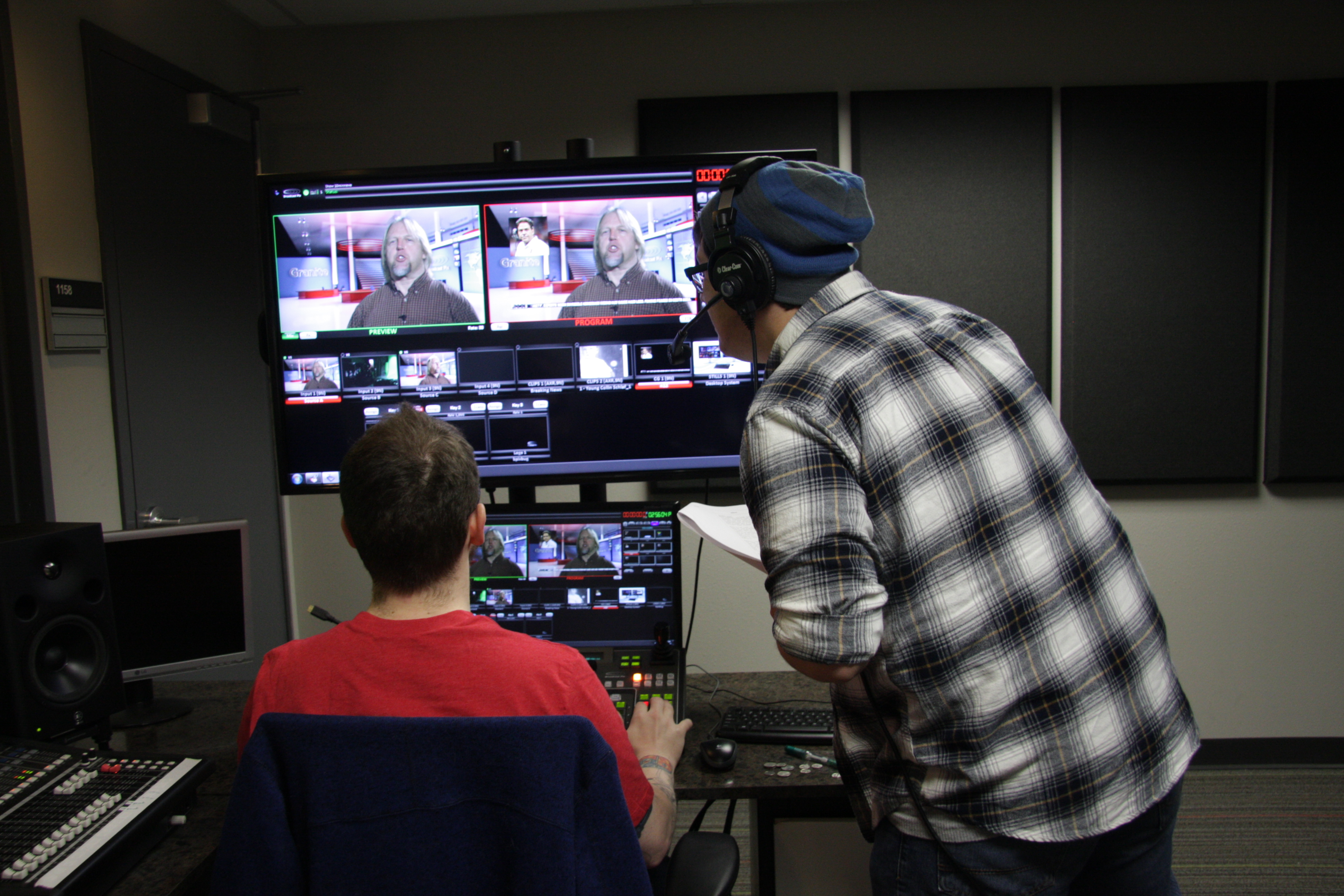 Students in the Mass Communications 4 class make sure their production is running smoothly.