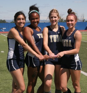 Yuba College's 4 x 100 m relay team (left to right): Alexa Garcia, Jordan Gutierrez Sanders, Esther Philipp, and Alyssa Emerson.