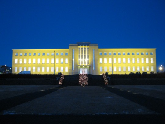 The University of Iceland at night. (Photo courtesy of Titoine88.)