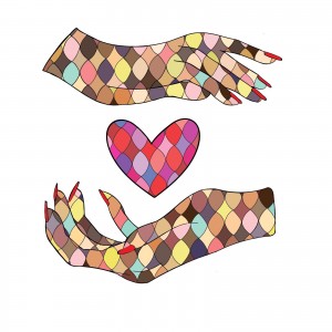 Multicolored mosaic hands with mosaic heart in between