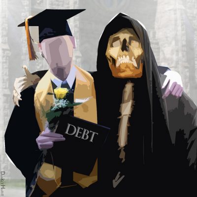 Manikin students hugging the grim reaper while holding a diploma that says debt