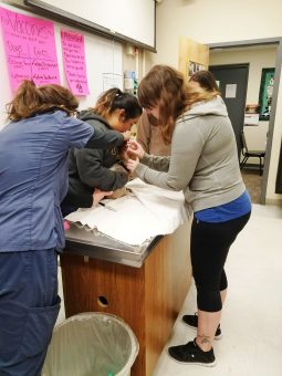 Three students vaccinating a dog.