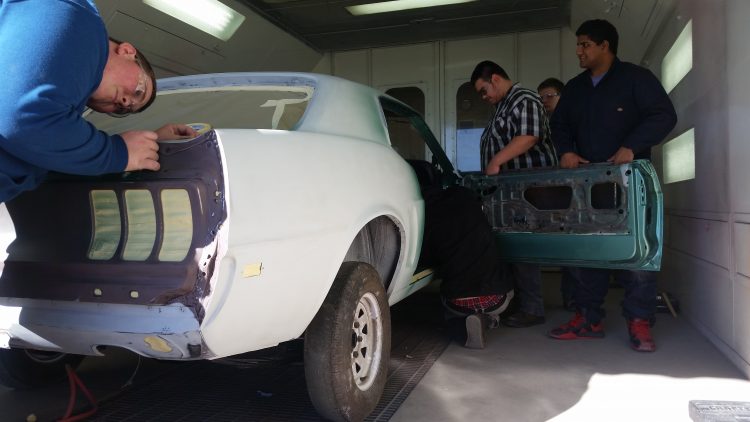 Auto Club students prepping car in paint booth