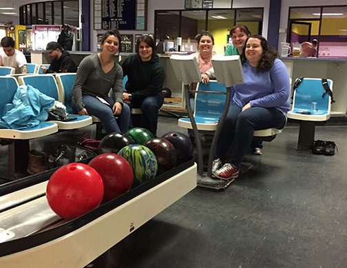 From left to right: club members Ana Rubio, Diana Andersen, Tiffany DeAlba, Club President Allison Kunz and Mckell Gregory, take time out from serious bowling to pose for a picture during their monthly social.