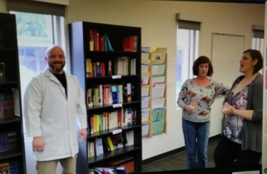 Left to Right Sam Scott, Kelly Cunningham, and Darla Hagerman practice Hagermans video assignment for Social Psychology