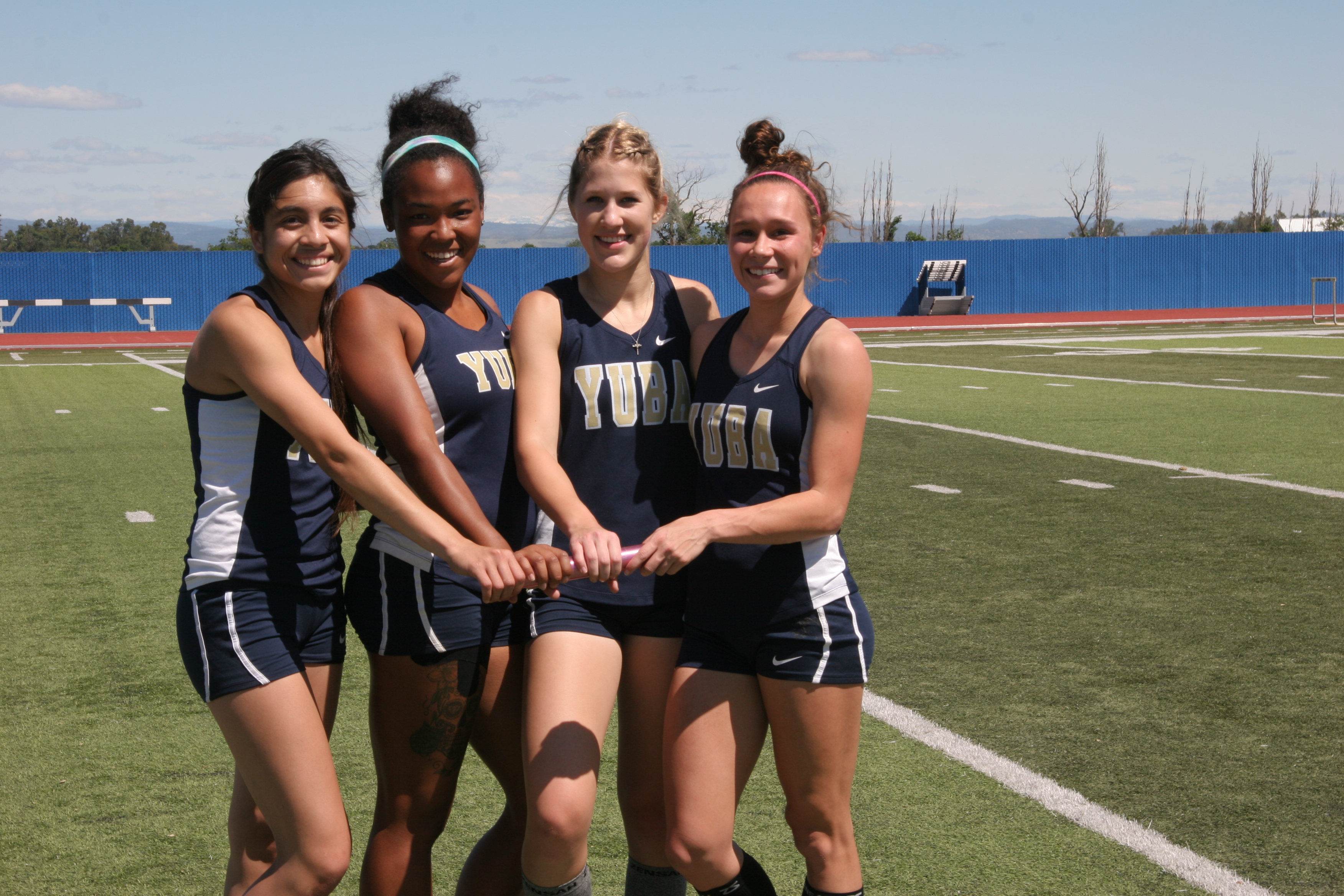 Yuba College’s 4 x 100 m relay team (left to right): Alexa Garcia, Jordan G...