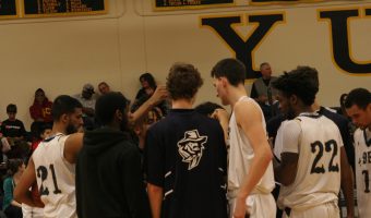 Yuba College Mens Basketball team breaks the huddle in a game against Napa Valley.